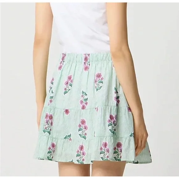 NWT J. Crew Factory M 100% Cotton Tiered Short Skirt Green Stripe Floral Lined - Picture 9 of 9